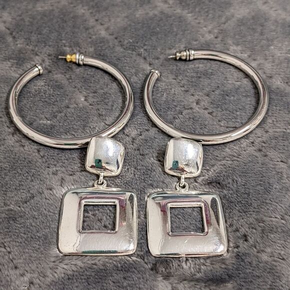 Jewelry - Vintage Bundle Silvertone Hoop & Square Earrings - 2 pair Bundle